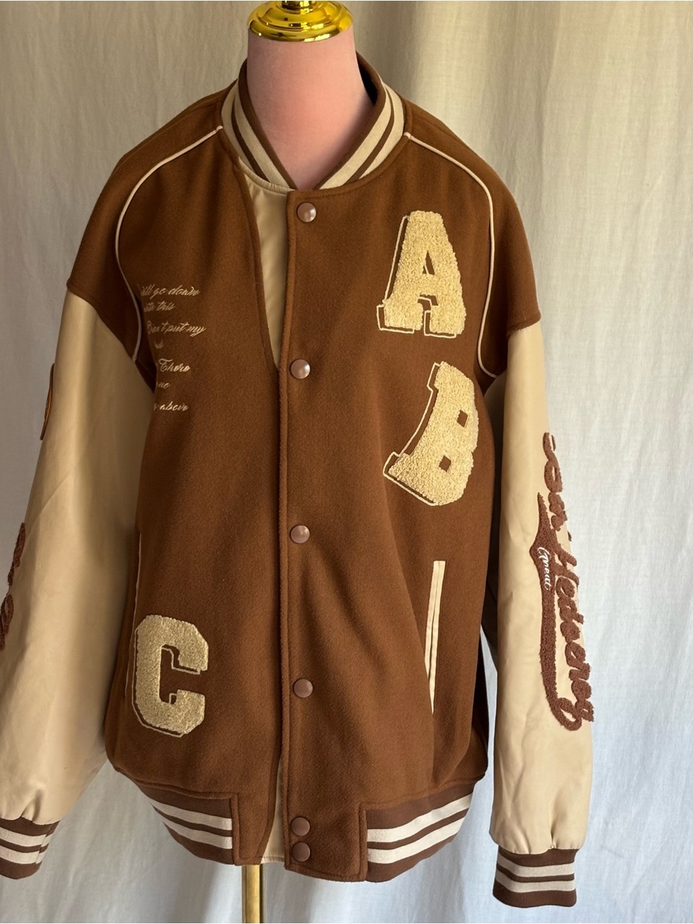 Aelfric Eden Towel Embroidery Varsity Jacket Brown Cream Oversized L